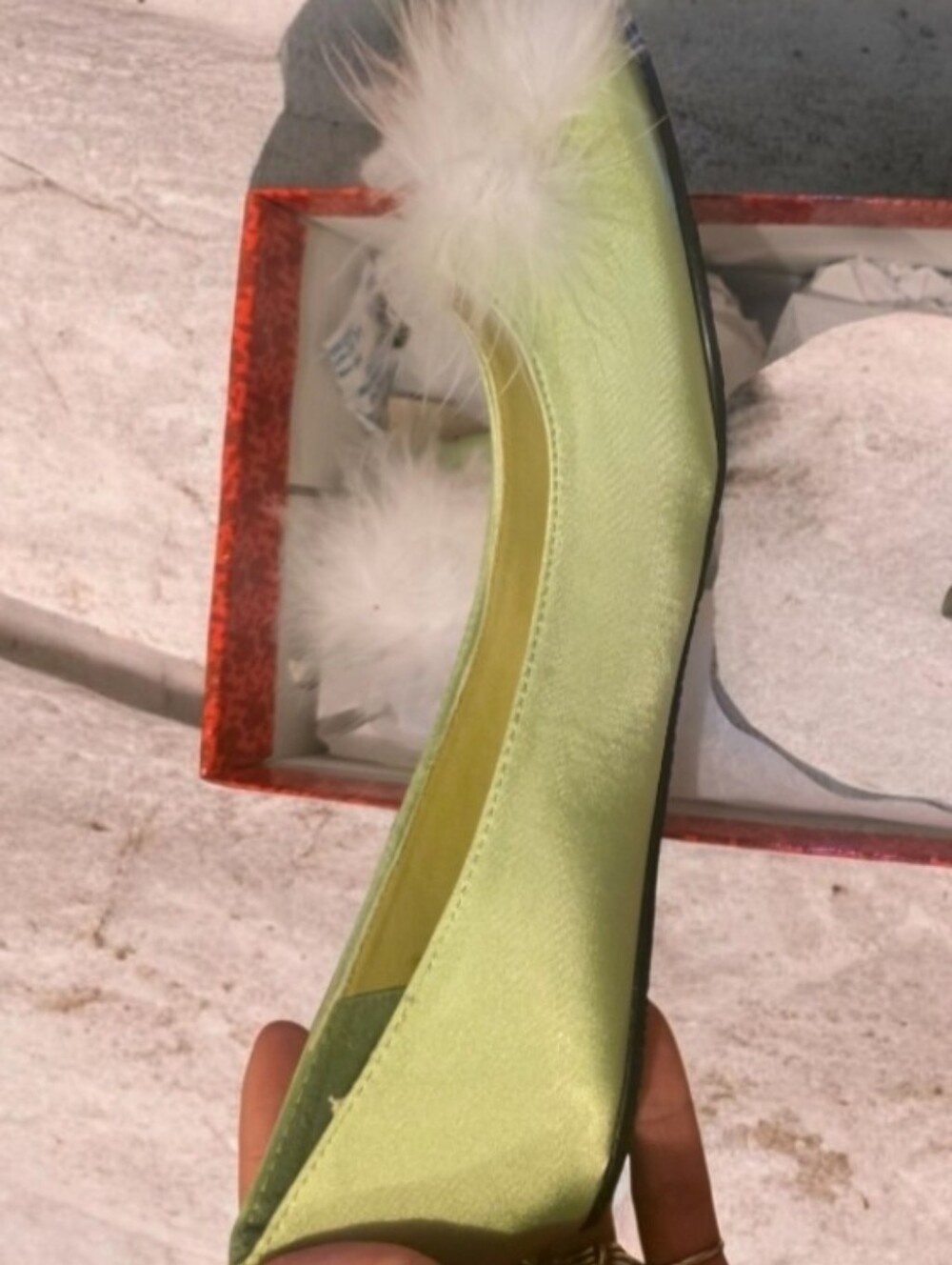 Green Satin Ballet Flat with Feather Pom Pom